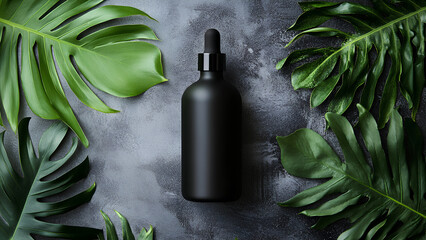 Minimalist Black Cosmetic Bottle on Dark Textured Surface with Tropical Leaves