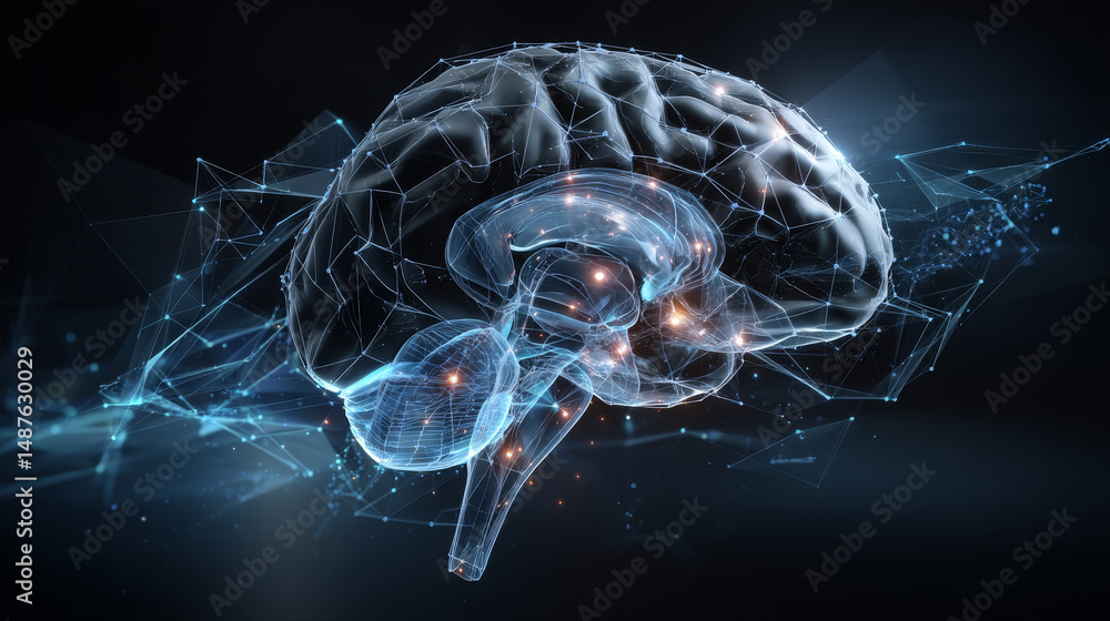 Poster a 3d ai brain with artificial intelligence, neural network, digital data, and computer technology co