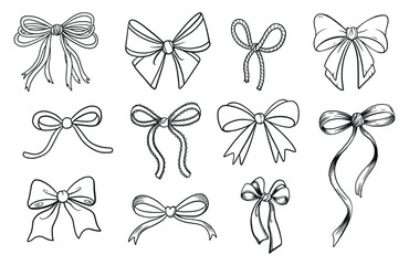Set of black and white hand-drawn ribbon bows in sketch style. Decorative vintage bow collection isolated on white background