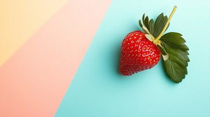Minimalist still life composition showing an elegant combination of a ripe strawberry and emerald green leaves, placed on a soft pastel background with space for text overlay and design purposes.