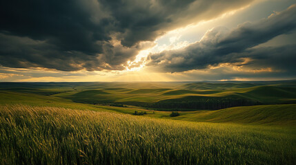 Fototapeta premium Storm clouds loom over prairie as golden light pierces through, nature's dramatic contrast unfolds 