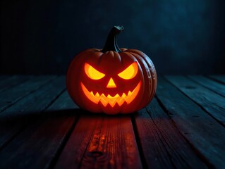 Scary jack-o-lantern glowing ominously on weathered planks at night, dark background  ,  spooky,  scary