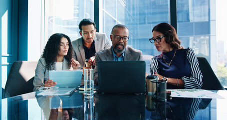 Laptop, team and business people planning in meeting or brainstorming idea with investment data....