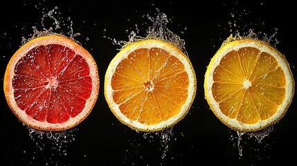 Cross section of juicy citrus fruits showing bright flesh and fresh petals, dynamic splash effect of water splashing in the air, bright colors and fresh texture against a dark background.