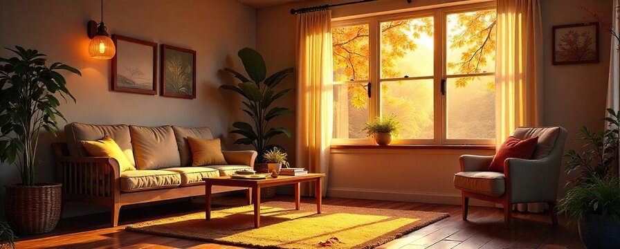 - Cozy home bathed in golden light, autumn leaves everywhere, warm inviting glow,  fall,  autumn