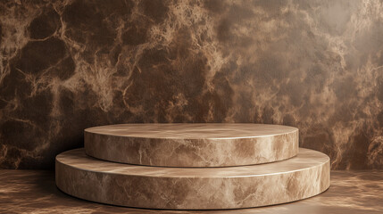 In this 3D rendering, a brown stone podium serves as a sophisticated cosmetic display stand against a complementary brown background, ideal for product showcasing.