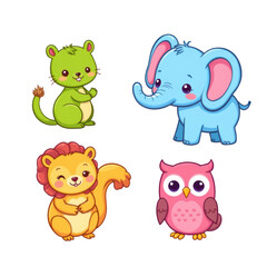 Four cute cartoon baby animal characters including green beaver, blue elephant, orange lion, and pink owl with joyful