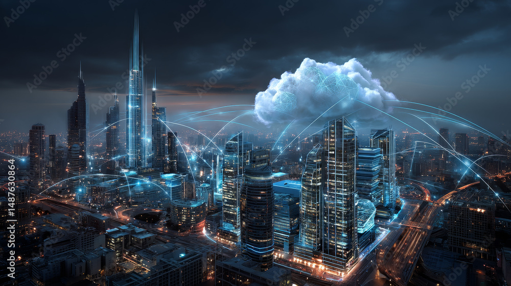 Poster cloud computing concept. smart city wireless internet communication with cloud storage, cloud servic