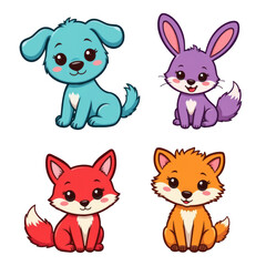 Fototapeta premium Four cute cartoon animals with bright colors and happy expressions sitting together in playful style