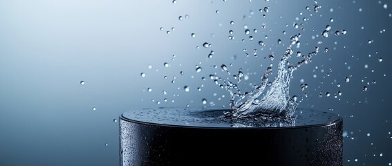 Water splashes dramatically around a circular platform against a textured blue background in a creative studio setting