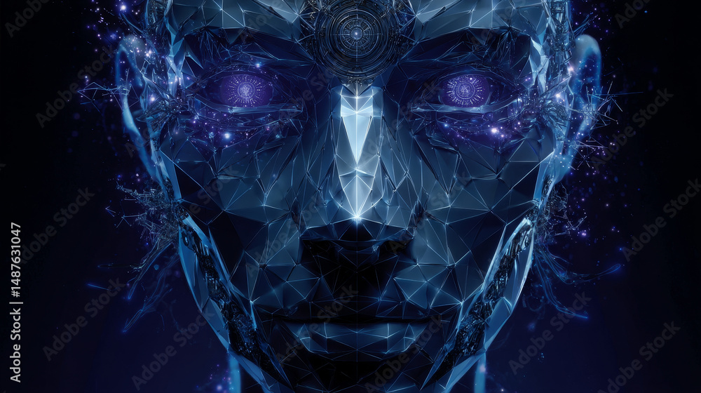 Poster ai, artificial intelligence. ai digital brain. robotics concept. human face made from polygon. illus