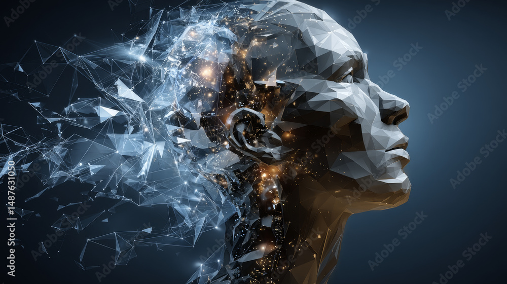 Poster ai, artificial intelligence. ai digital brain. robotics concept. human face made from polygon. illus