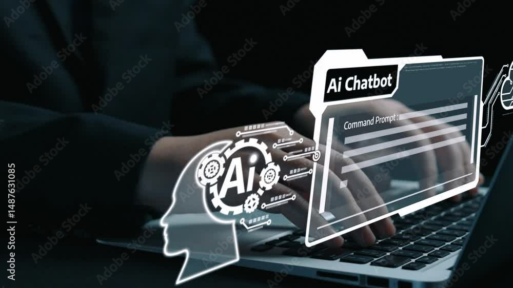 Poster human interact with ai artificial intelligence virtual assistant chatbot in concept of ai artificial