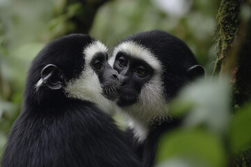 Fototapeta premium Monkeys engage in social grooming amidst lush treetops in a vibrant rainforest environment