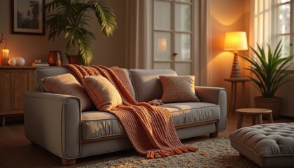 Living Room Sofa with Cushions and Blanket