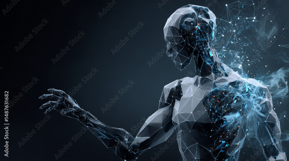 Poster ai artificial intelligence. humanoid robot. futuristic technology. low poly wireframe with connected