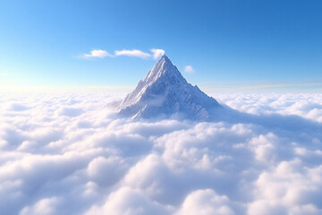 Majestic mountain peak towering above clouds on a clear day with blue sky in the background