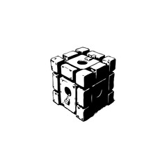 Abstract depiction of a geometric, futuristic cube, monochromatic digital art