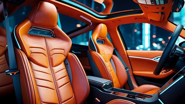Luxury sports car interior with bright orange leather seats, modern dashboard, ambient lighting, and sleek design in an urban night setting

