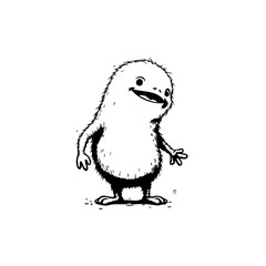 Whimsical furry creature standing and smiling in simple black and white line art