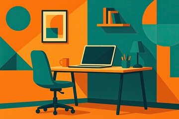Fototapeta premium Vibrant Orange and Teal Workspace Featuring Modern Geometric Design Elements