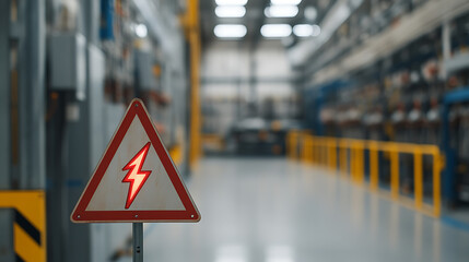 High voltage area. A triangular sign warning of electric shock in a gray industrial setting. Safety and danger are important concerns in the workplace.