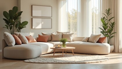 Living Room Sofa with Cushions and Plants