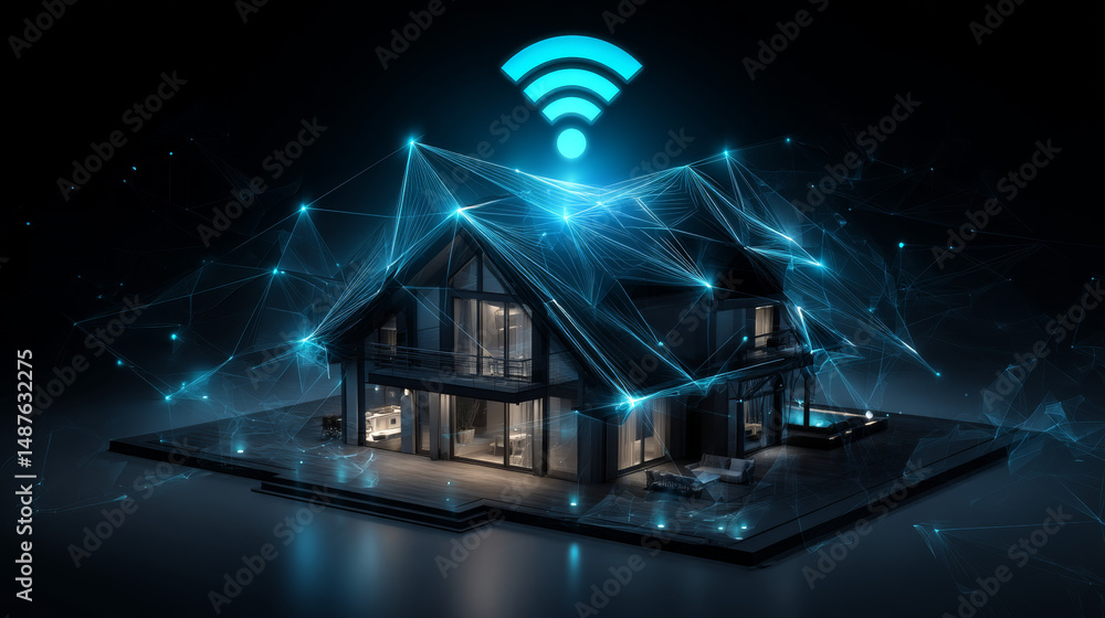 Poster smart house with wifi icon icons from lines, triangles and particle style design. illustration vecto