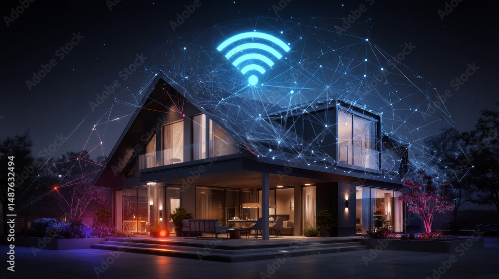 Aufkleber smart house with wifi icon icons from lines, triangles and particle style design. illustration vecto
