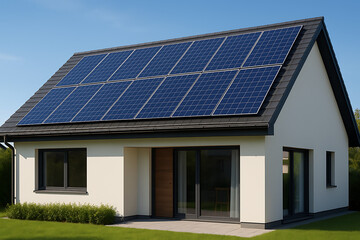Modern house with solar panels on roof in sunny environment, concept of sustainable energy, eco-friendly living, renewable power, green building, and clean electricity solutions

