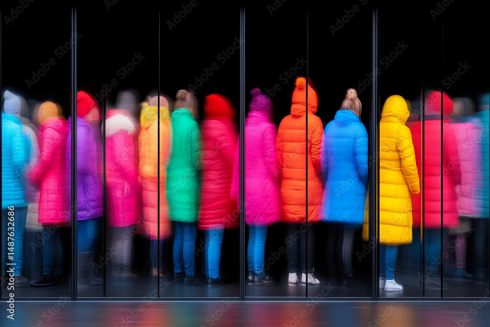 Poster crowd of people in colorful outerwear waiting in a moving elevator captured with blurred motion effe
