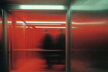 People moving through a blurred elevator with vibrant red lighting during a busy urban day