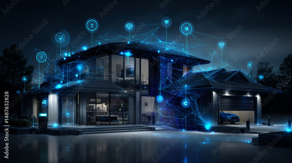 Poster smart home connection with control devices icons. iot concept. system intelligent control house on b