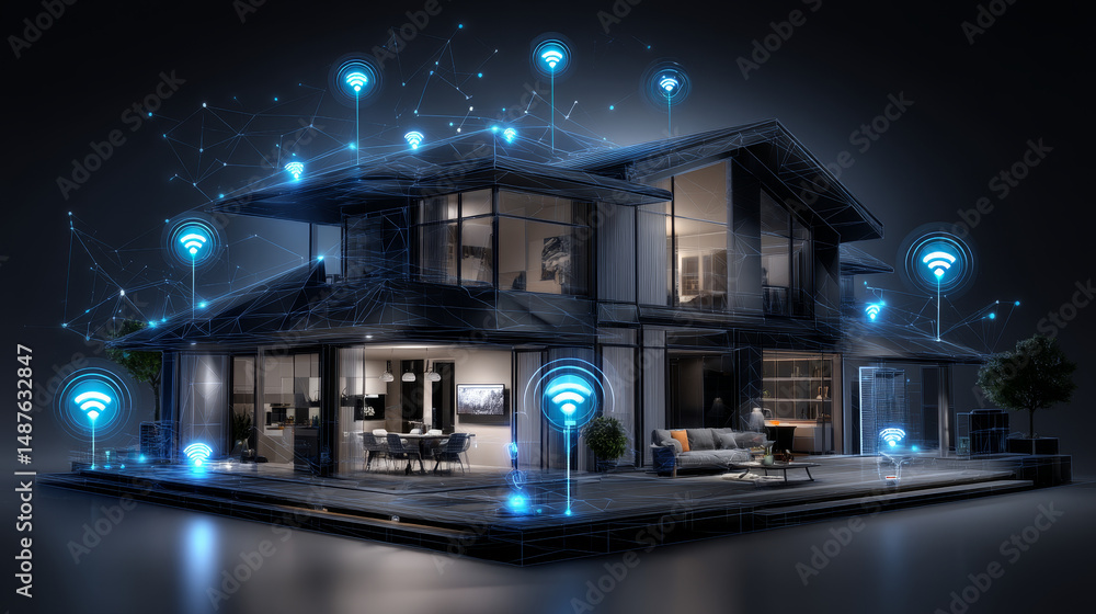 Poster smart home connection with control devices icons. iot concept. system intelligent control house on b