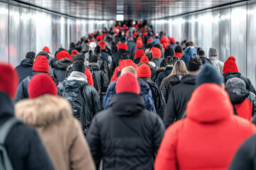 Crowd of people on a moving escalator wearing red hats in a transport hub during busy hours