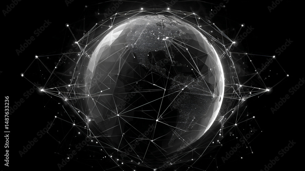 Poster globe connections network form lines, triangles and particle style design. illustration vector