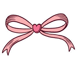 Hand-drawn pink bow with heart center in cute cartoon style, soft pastel illustration for decoration, isolated on white background
