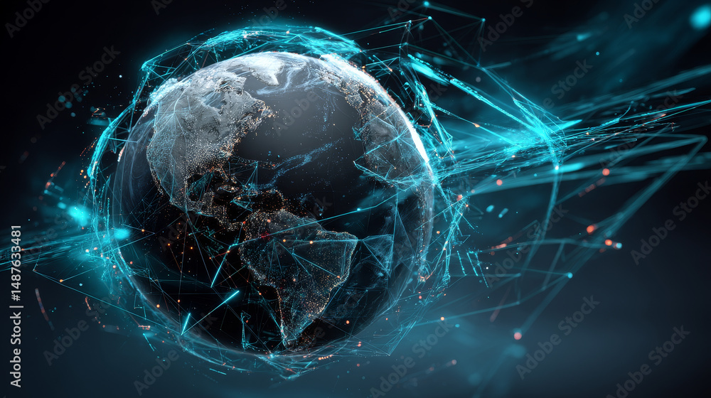 Poster ai technology text over globe with digital data and connection arrows on dark background