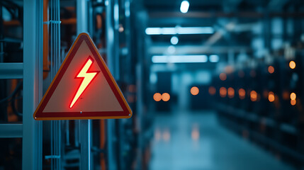Electrical Hazard Warning: Triangular sign with a lightning bolt warns of high voltage in an industrial setting, emphasizing safety and potential dangers.