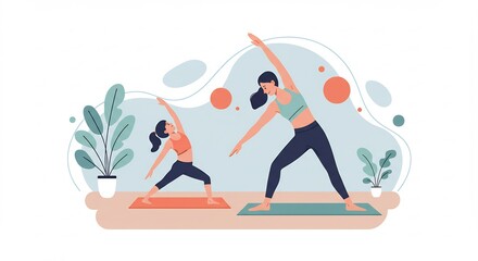 Fototapeta premium Woman and Child Practicing Yoga at Home Illustration