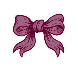 Dark pink ribbon bow in engraving sketch style with textured shading and classic look. Isolated on white background