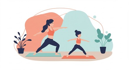 Fototapeta premium Woman and Child Practicing Yoga Poses on Exercise Mats