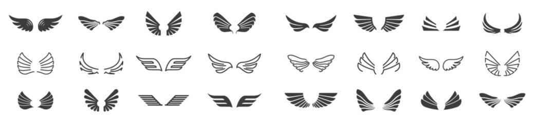 Set of black wings icons. Wings badges. Different shapes of wing collection. Vector illustration.