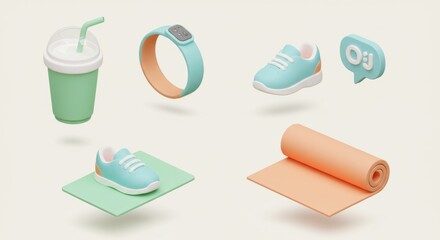 3D Rendered Fitness and Wellness Essentials