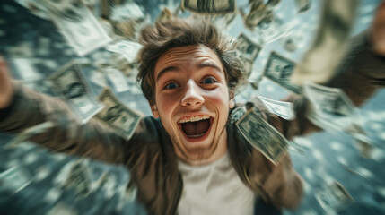 Amidst a whirlwind of cash, a man radiates joy and confidence, embodying financial achievement.