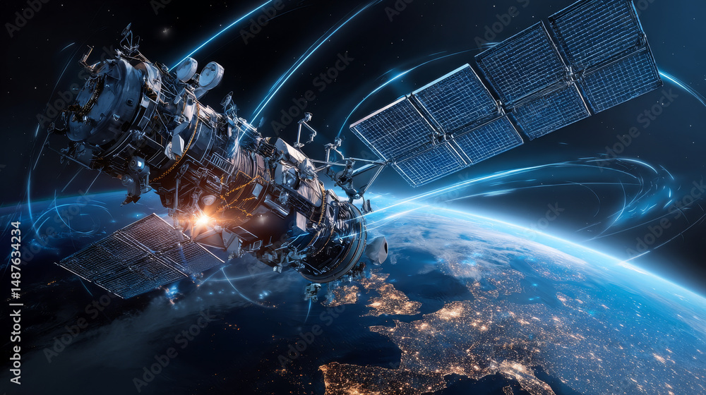Poster satellite network in space concept. wireless internet satellite technology, communication. global te