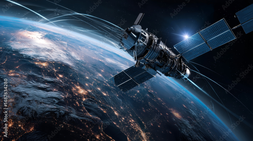 Poster satellite network in space concept. wireless internet satellite technology, communication. global te