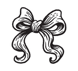 Obraz premium Black and white ribbon bow with vintage engraving texture. Bold handdrawn style, elegant and classic. Isolated on white background