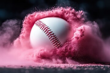 Baseball Hitting Pink Powder Explosion on Dark Background.