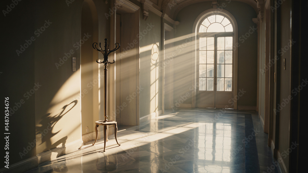 Poster light rays illuminating an empty hallway creating a serene ambiance